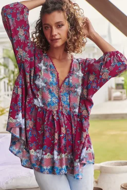Chloe Top - Very Oversized Crochet Trim Neckline Smock Top in Strawberry Kiss Print><noscript><img width=
