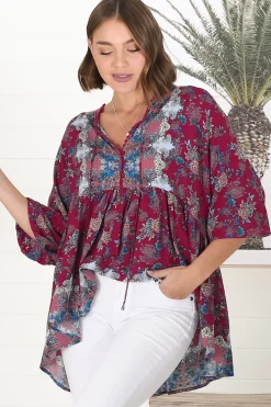 Chloe Top - Very Oversized Crochet Trim Neckline Smock Top in Strawberry Kiss Print><noscript><img width=