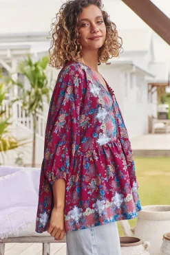 Chloe Top - Very Oversized Crochet Trim Neckline Smock Top in Strawberry Kiss Print><noscript><img width=