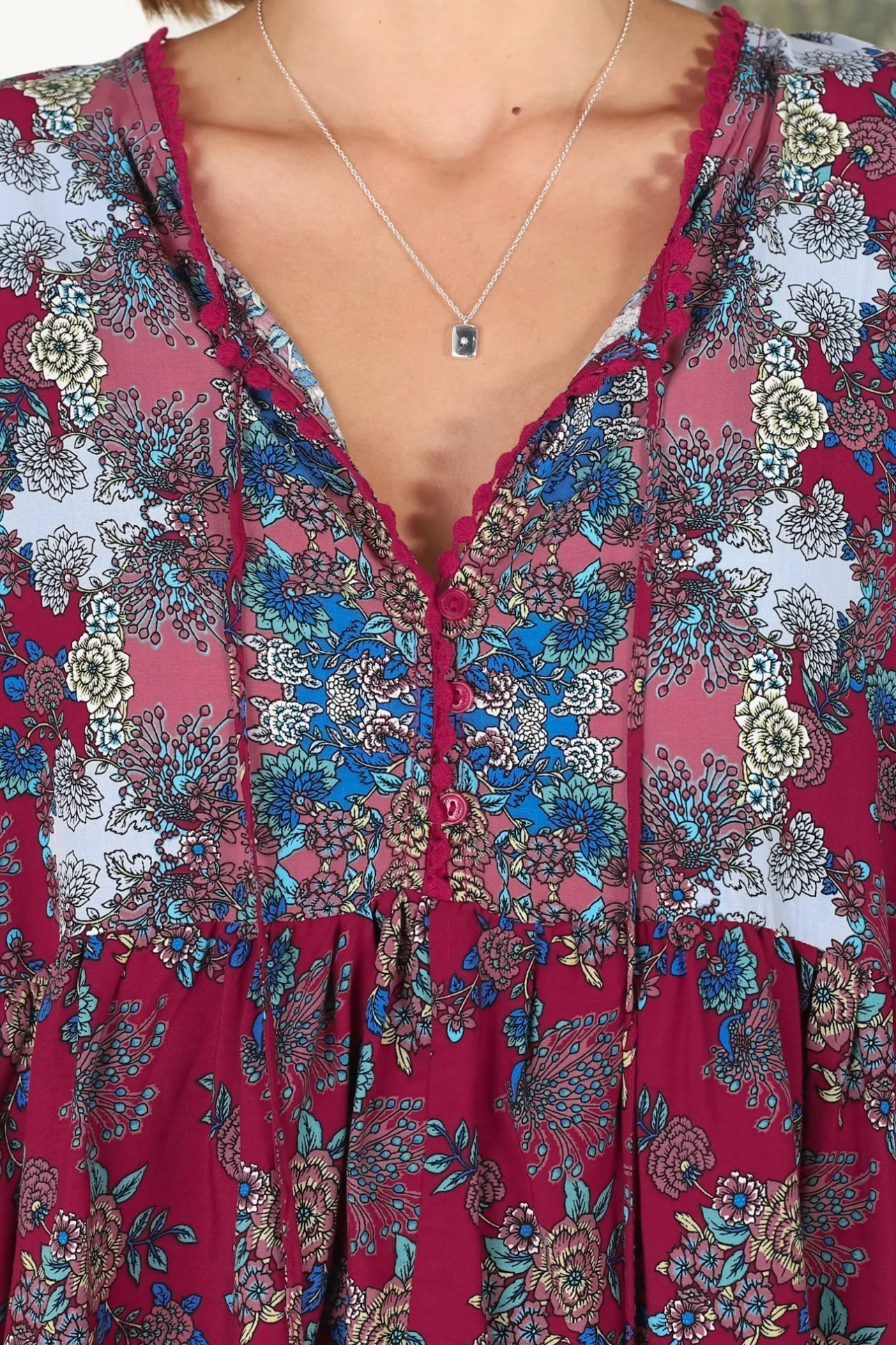 Chloe Top - Very Oversized Crochet Trim Neckline Smock Top in Strawberry Kiss Print>Jaase Discount