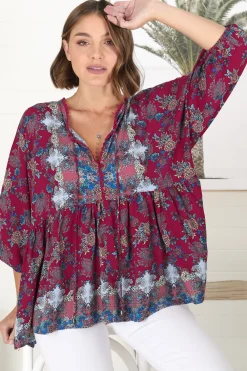 Chloe Top - Very Oversized Crochet Trim Neckline Smock Top in Strawberry Kiss Print><noscript><img width=