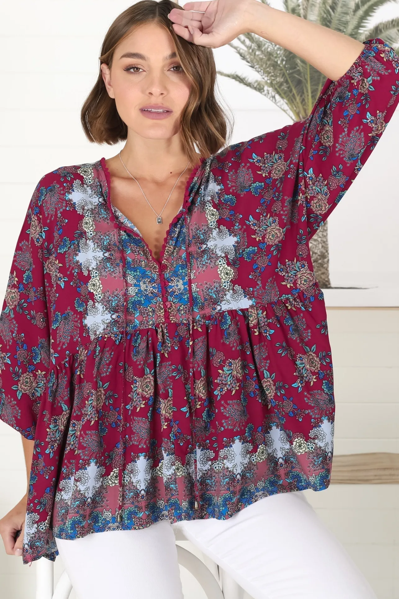 Chloe Top - Very Oversized Crochet Trim Neckline Smock Top in Strawberry Kiss Print>Jaase Discount