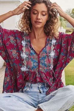 Chloe Top - Very Oversized Crochet Trim Neckline Smock Top in Strawberry Kiss Print><noscript><img width=