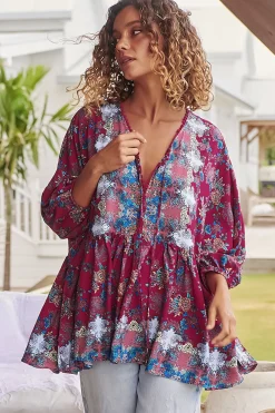 Chloe Top - Very Oversized Crochet Trim Neckline Smock Top in Strawberry Kiss Print><noscript><img width=