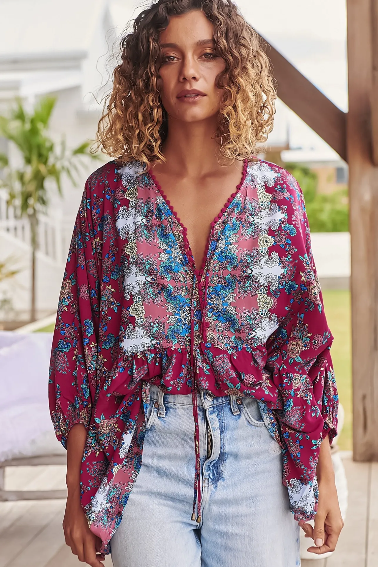 Chloe Top - Very Oversized Crochet Trim Neckline Smock Top in Strawberry Kiss Print>Jaase Discount