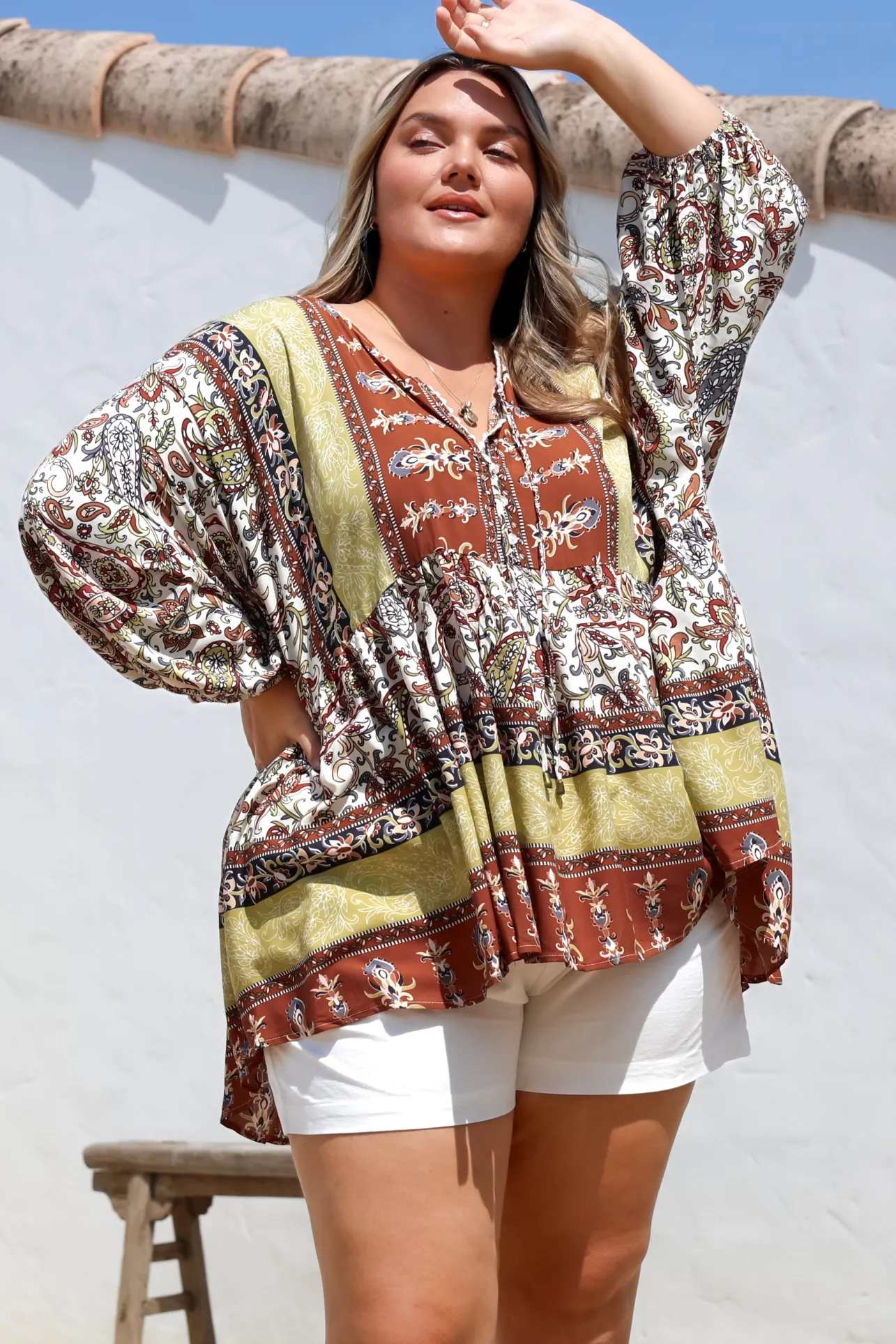 Chloe Top - Very Oversized Crochet Trim Neckline Smock Top in Oakie Print>Jaase Sale