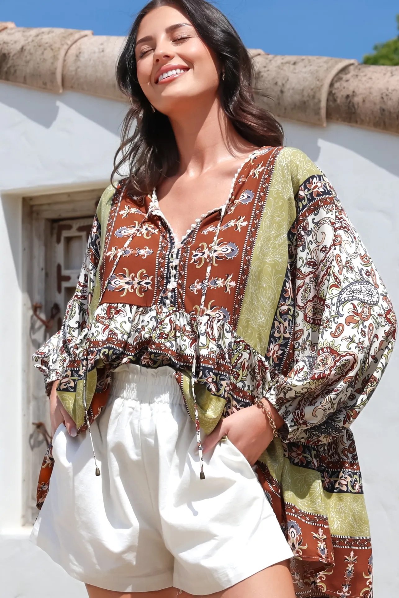 Chloe Top - Very Oversized Crochet Trim Neckline Smock Top in Oakie Print>Jaase Sale