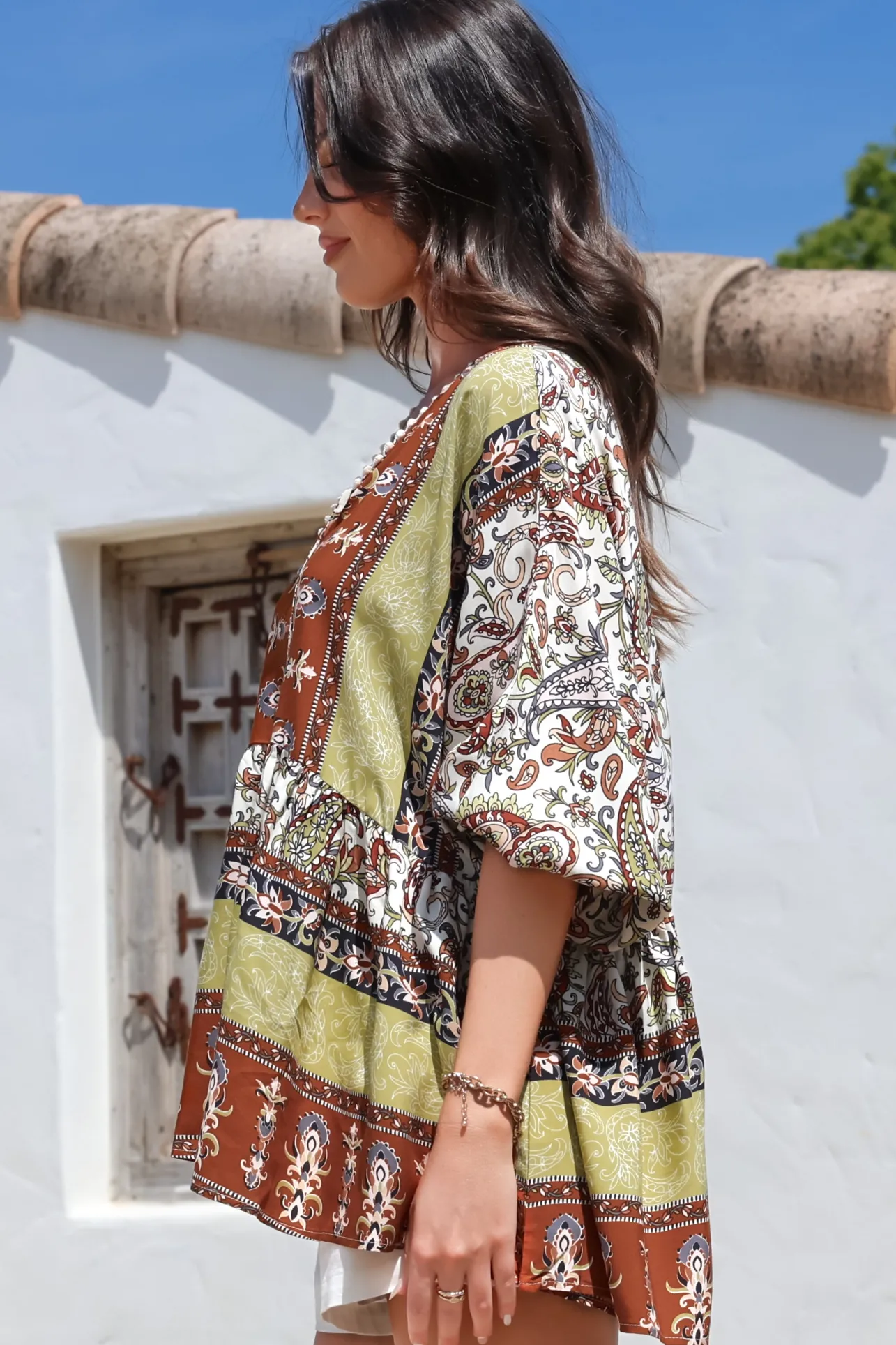 Chloe Top - Very Oversized Crochet Trim Neckline Smock Top in Oakie Print>Jaase Sale