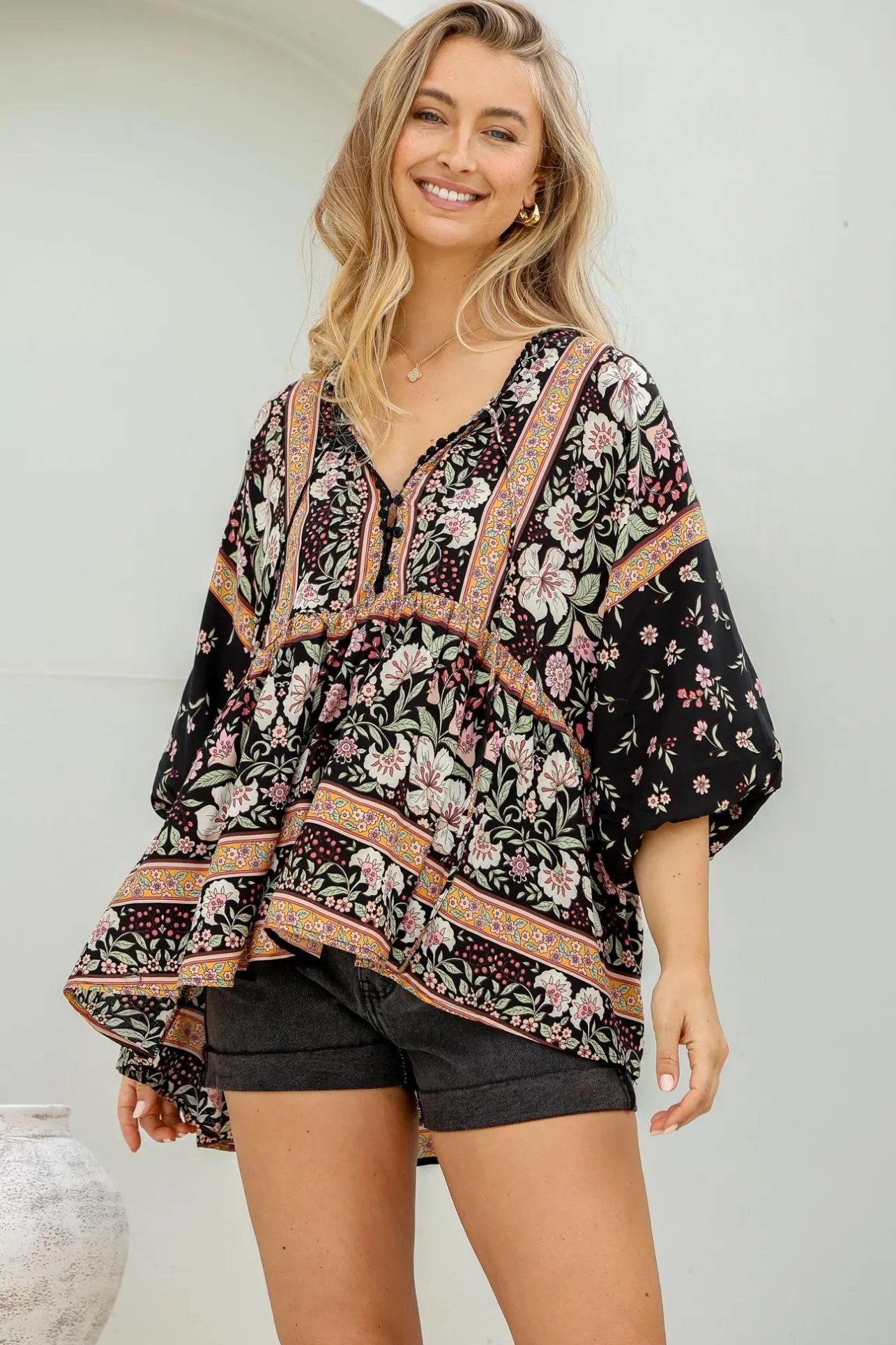 Chloe Top - Very Oversized Crochet Trim Neckline Smock Top in Eternity Print>Jaase Best