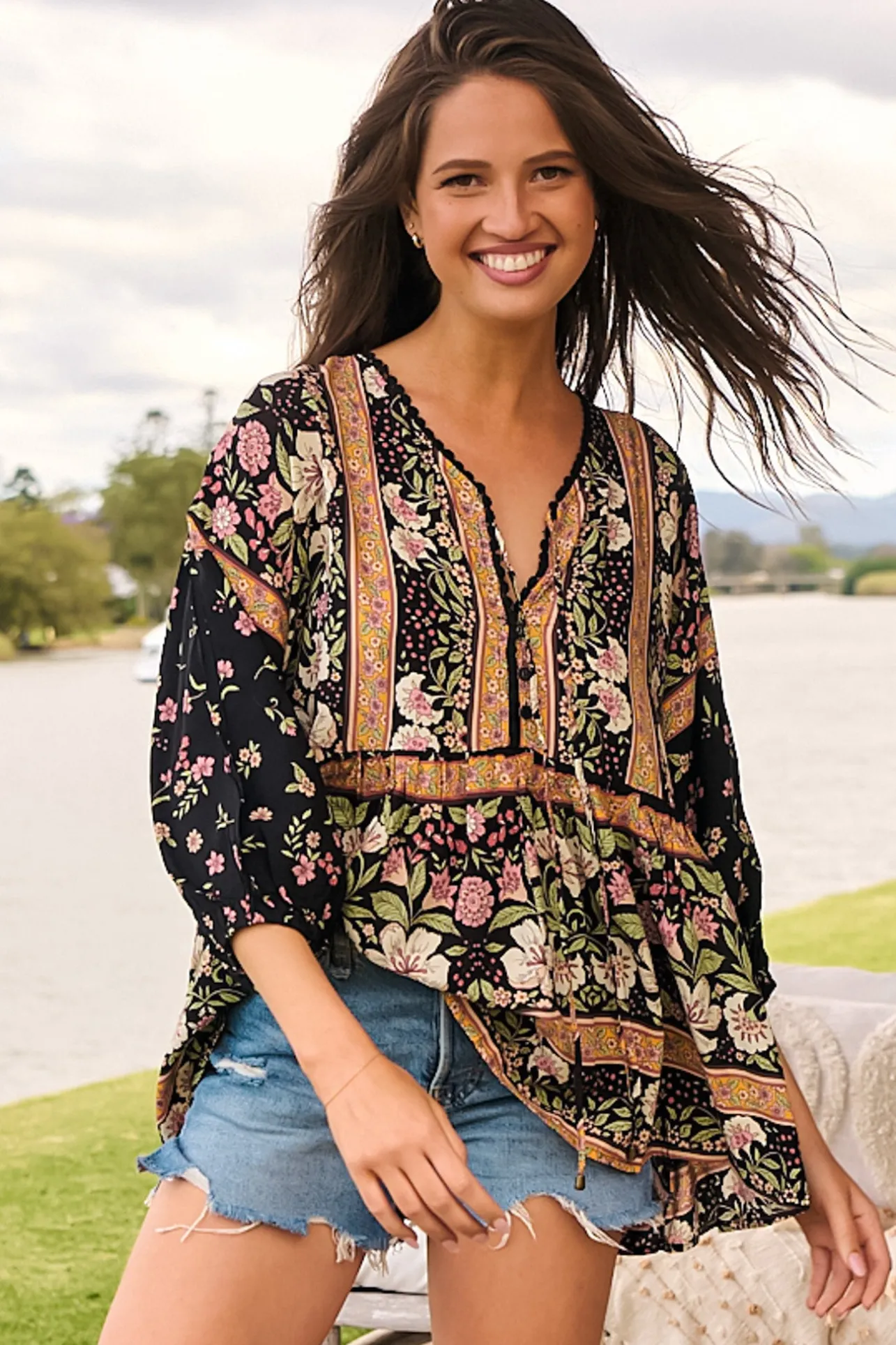 Chloe Top - Very Oversized Crochet Trim Neckline Smock Top in Eternity Print>Jaase Best