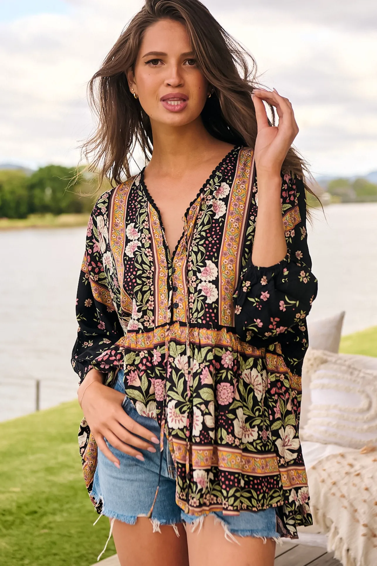 Chloe Top - Very Oversized Crochet Trim Neckline Smock Top in Eternity Print>Jaase Best