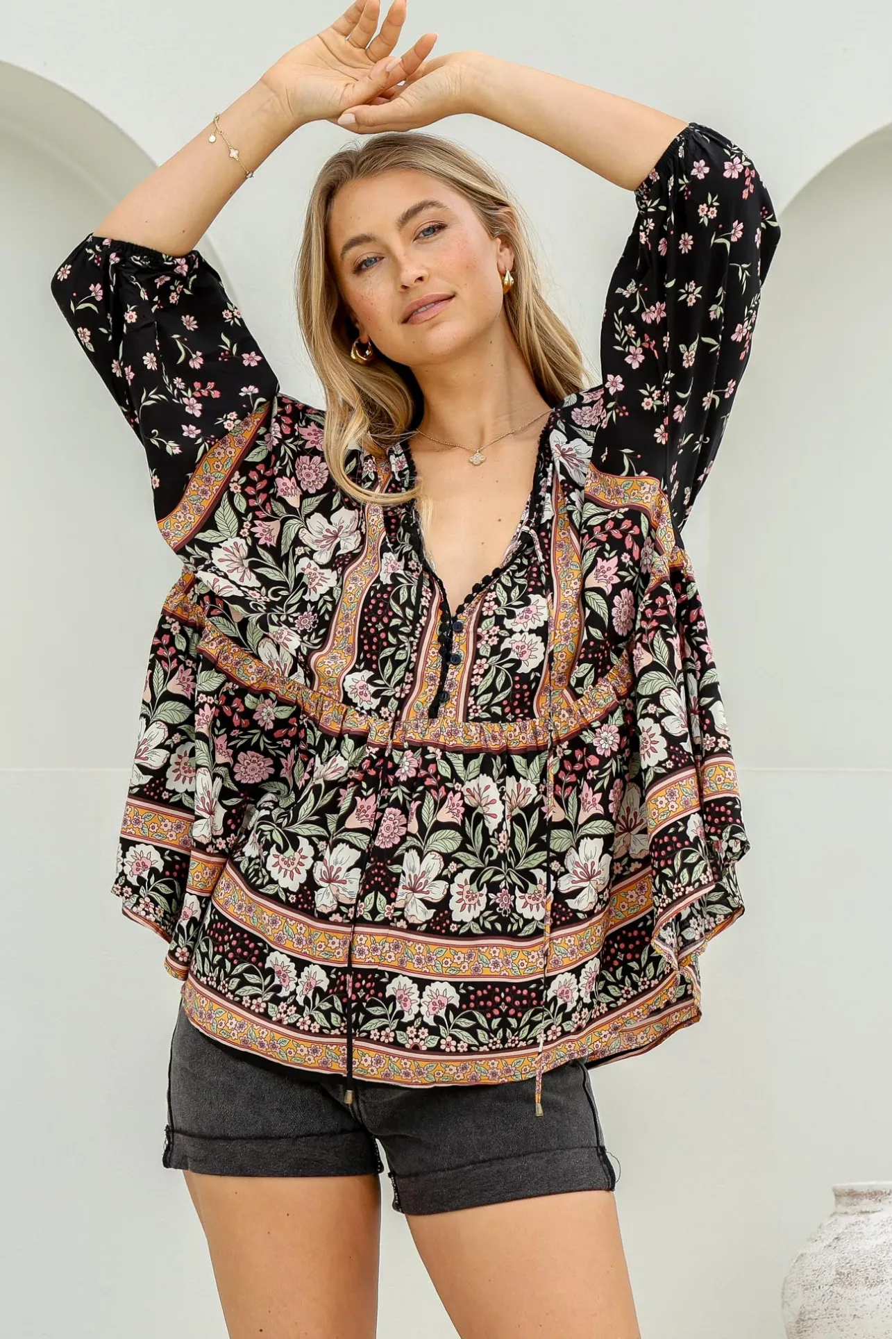 Chloe Top - Very Oversized Crochet Trim Neckline Smock Top in Eternity Print>Jaase Best