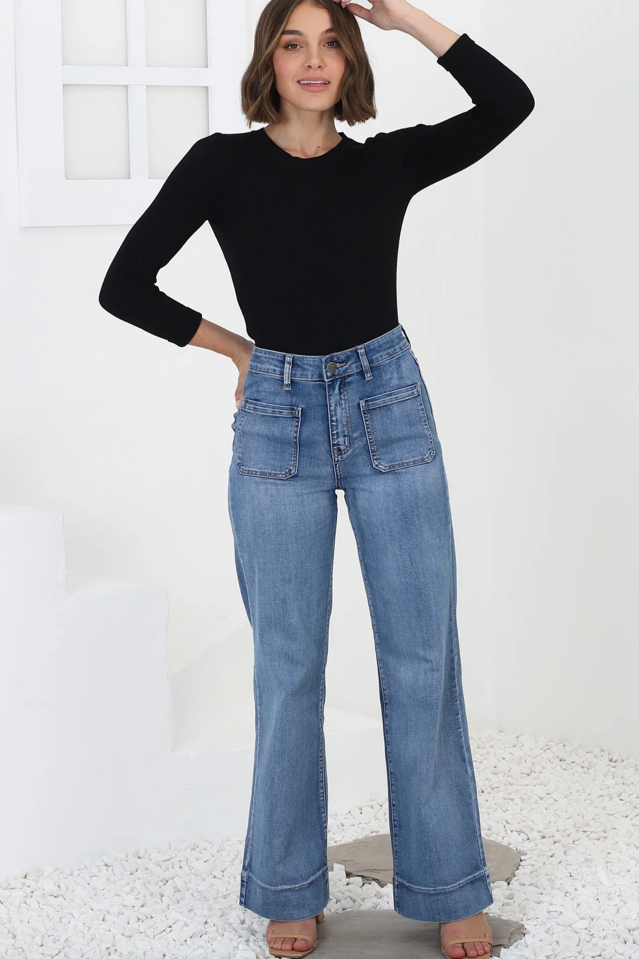 Cindy Wide Leg Jean in Mid Denim Wash>Salty Crush New