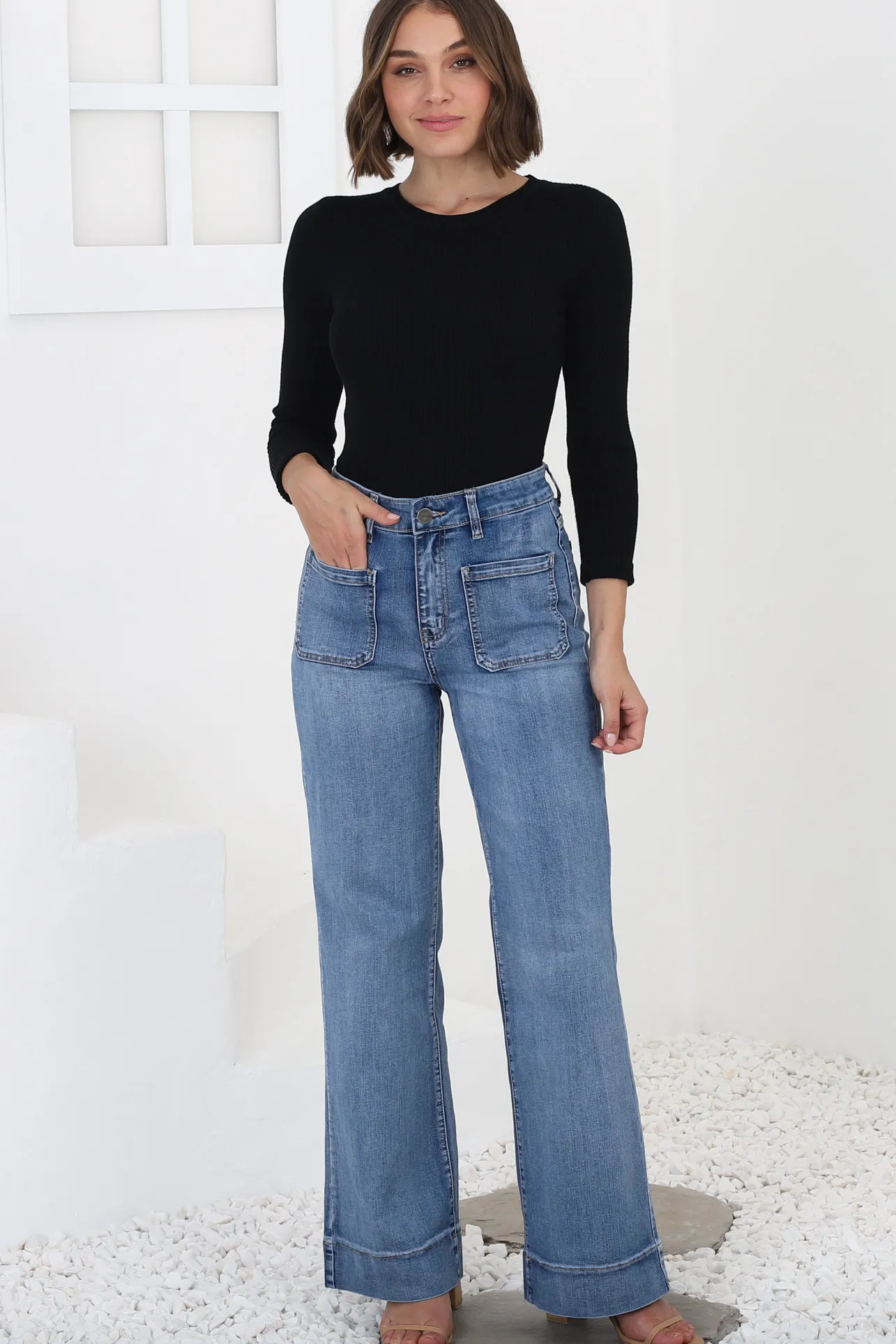Cindy Wide Leg Jean in Mid Denim Wash>Salty Crush New