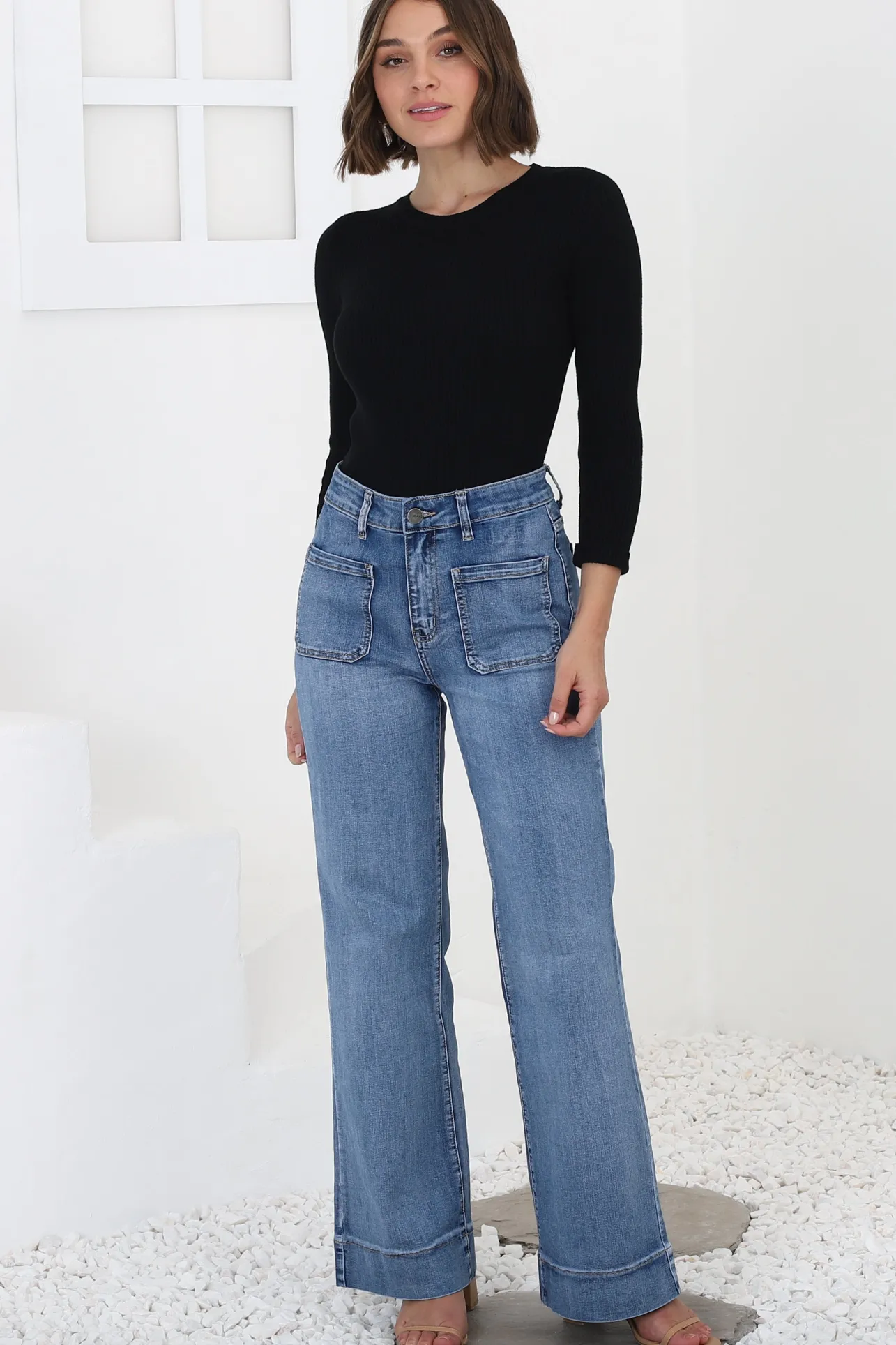 Cindy Wide Leg Jean in Mid Denim Wash>Salty Crush New