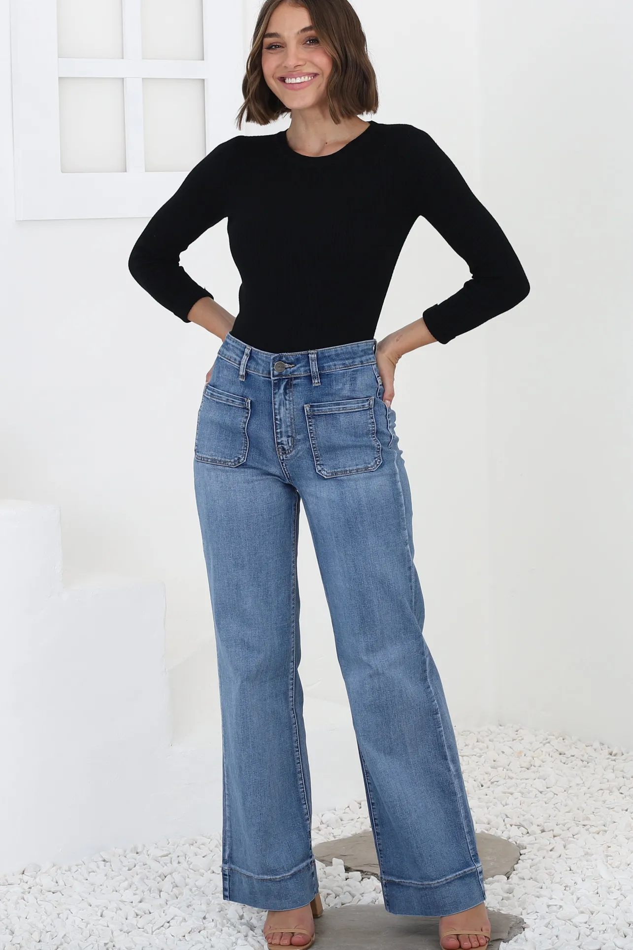Cindy Wide Leg Jean in Mid Denim Wash>Salty Crush New