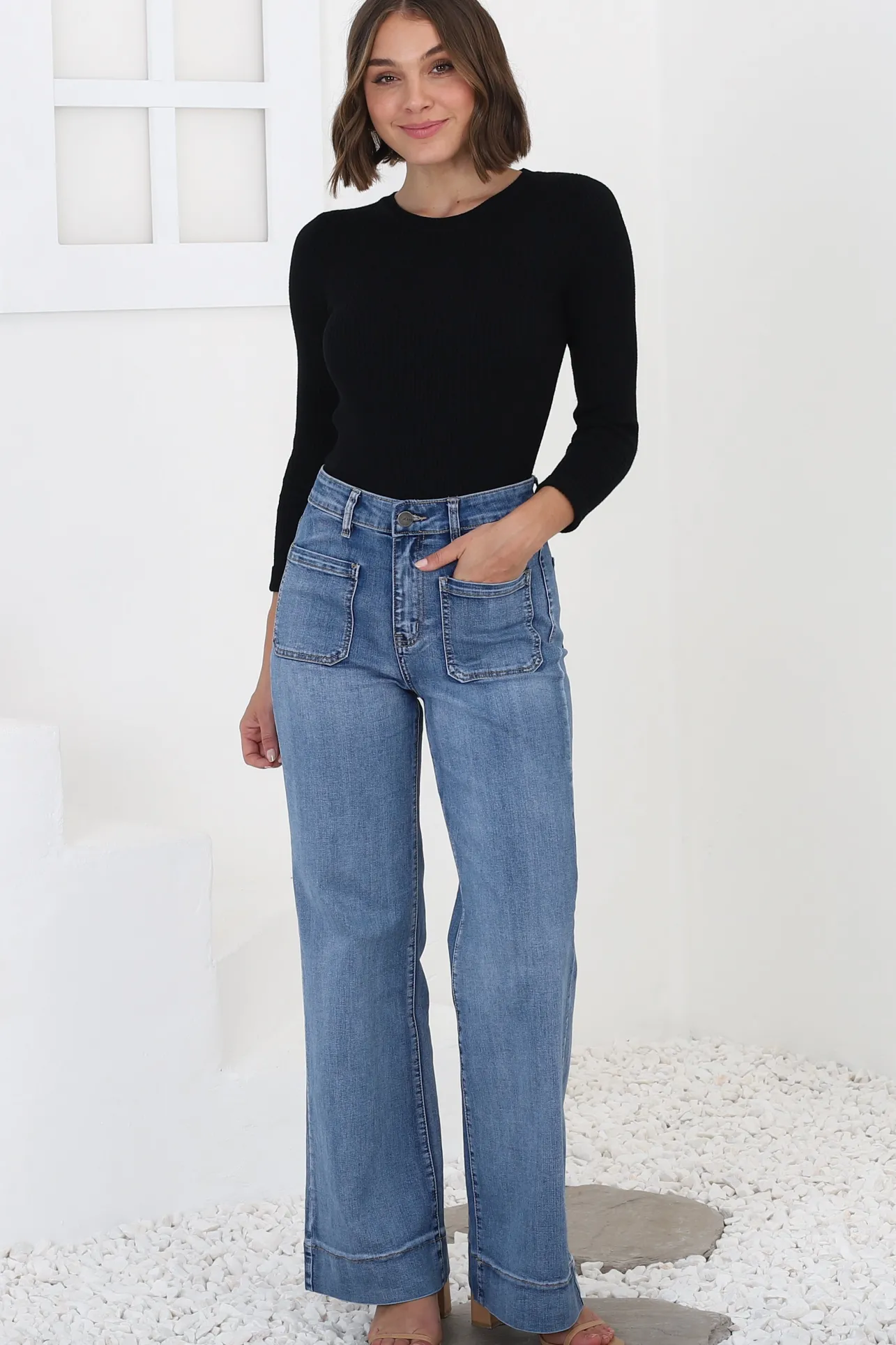 Cindy Wide Leg Jean in Mid Denim Wash>Salty Crush New