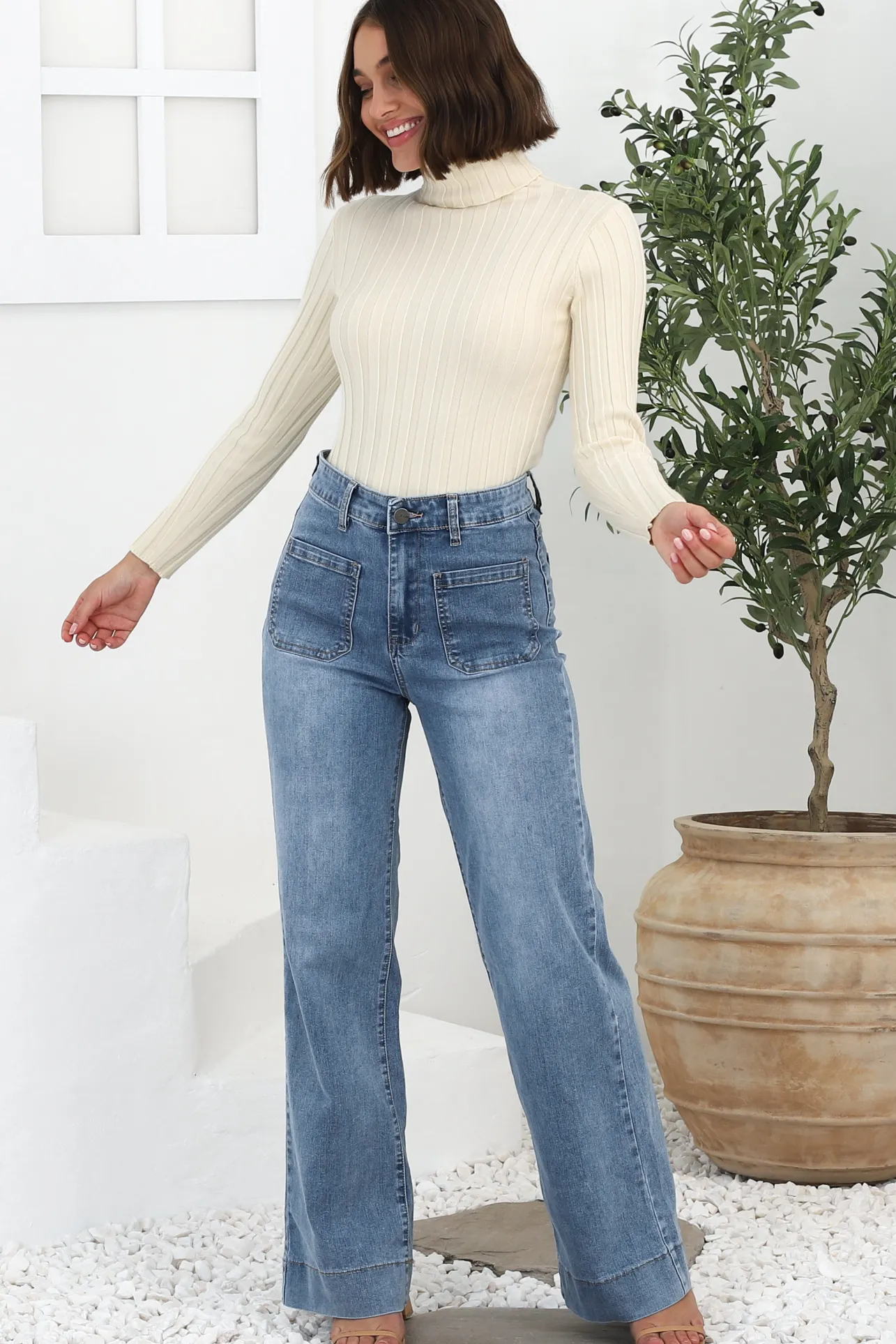 Cindy Wide Leg Jean in Stone Wash Denim>Salty Crush