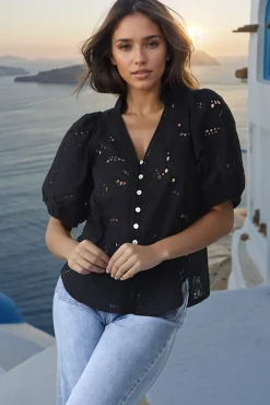 Clare Blouse - Hollow Out Embroidered Button Down Blouse in Black><noscript><img width=