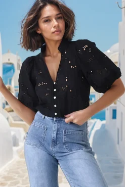 Clare Blouse - Hollow Out Embroidered Button Down Blouse in Black><noscript><img width=