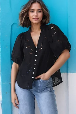 Clare Blouse - Hollow Out Embroidered Button Down Blouse in Black><noscript><img width=