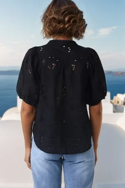 Clare Blouse - Hollow Out Embroidered Button Down Blouse in Black><noscript><img width=