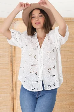 Clare Blouse - Hollow Out Embroidered Button Down Blouse in White><noscript><img width=