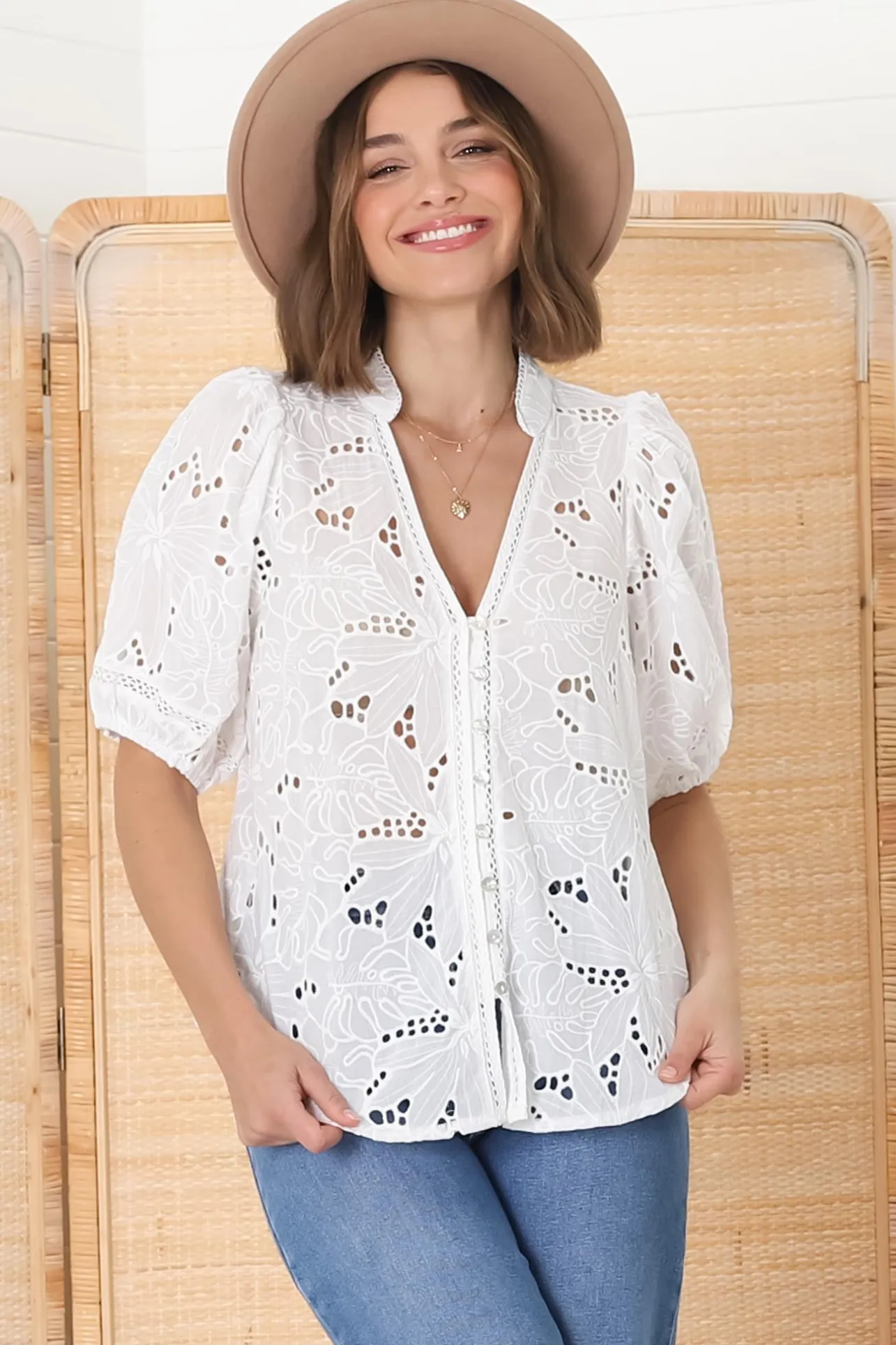 Clare Blouse - Hollow Out Embroidered Button Down Blouse in White>Salty Crush Online