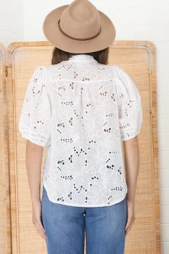 Clare Blouse - Hollow Out Embroidered Button Down Blouse in White><noscript><img width=