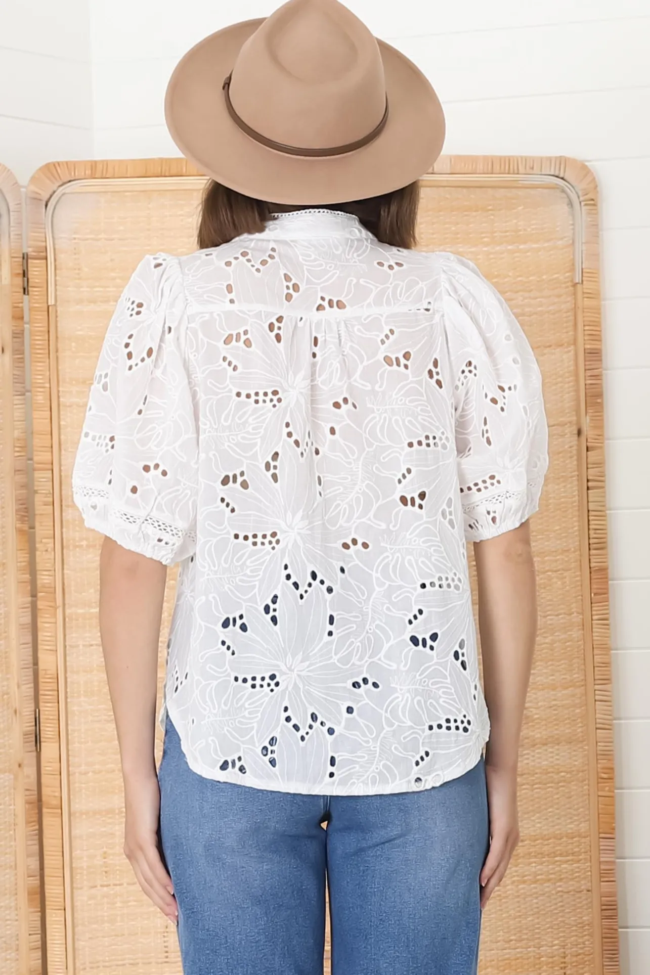 Clare Blouse - Hollow Out Embroidered Button Down Blouse in White>Salty Crush Online