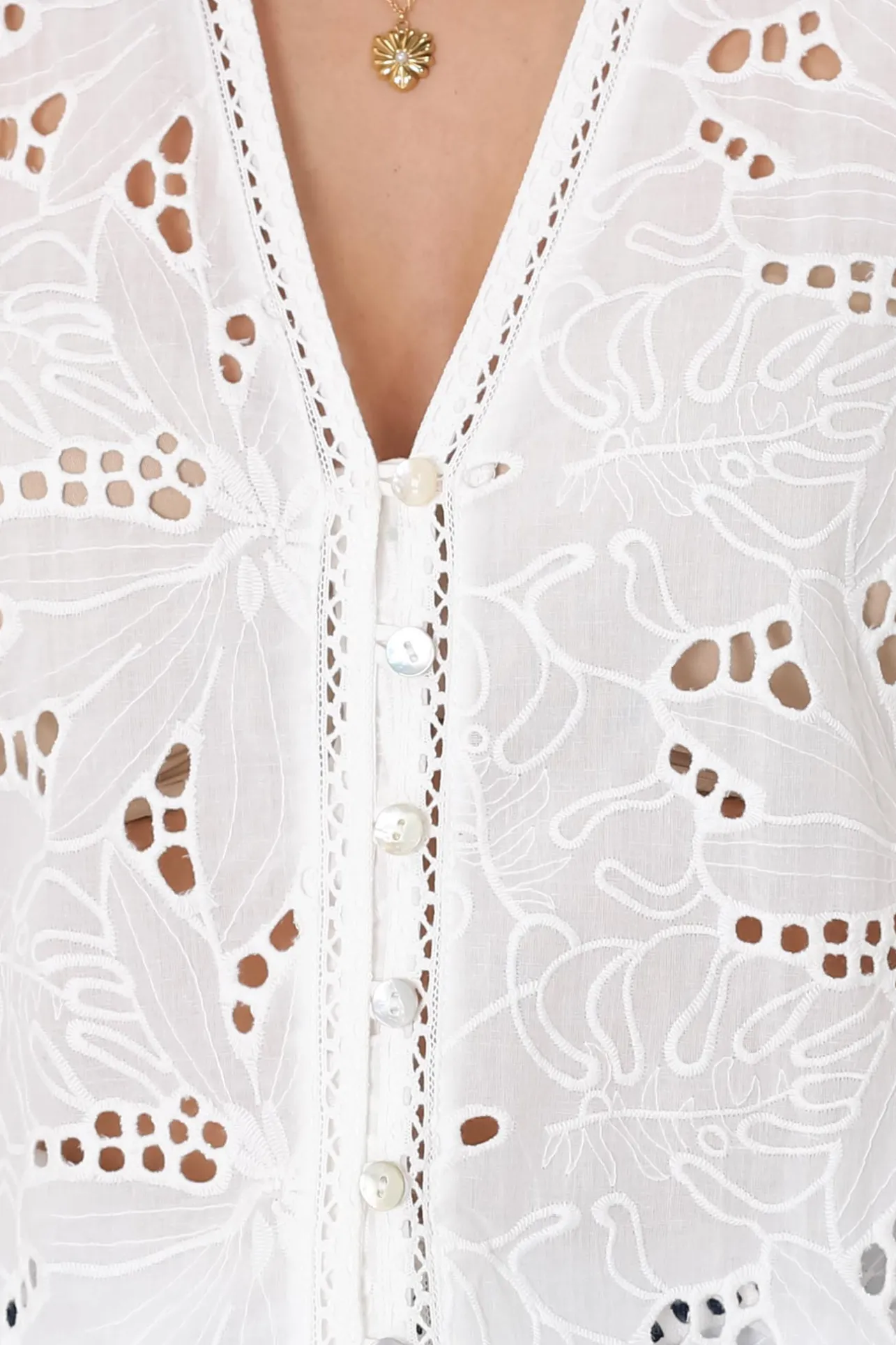 Clare Blouse - Hollow Out Embroidered Button Down Blouse in White>Salty Crush Online