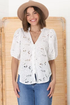 Clare Blouse - Hollow Out Embroidered Button Down Blouse in White><noscript><img width=