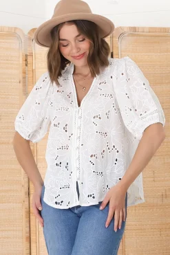 Clare Blouse - Hollow Out Embroidered Button Down Blouse in White><noscript><img width=