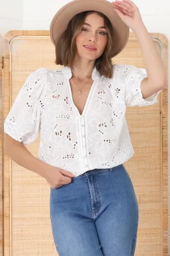 Clare Blouse - Hollow Out Embroidered Button Down Blouse in White><noscript><img width=