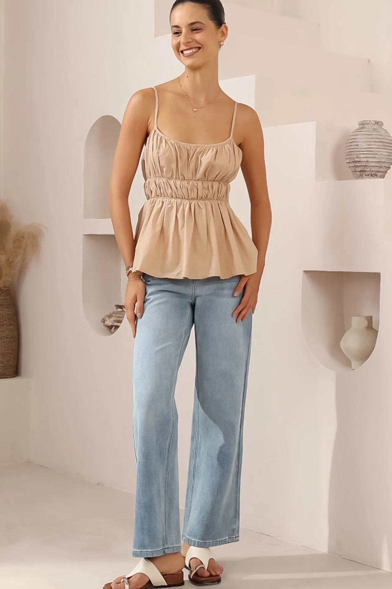 Clarke Top - Rouched Bodice Spaghetti Strap Tiered Top in Beige>Salty Crush Sale
