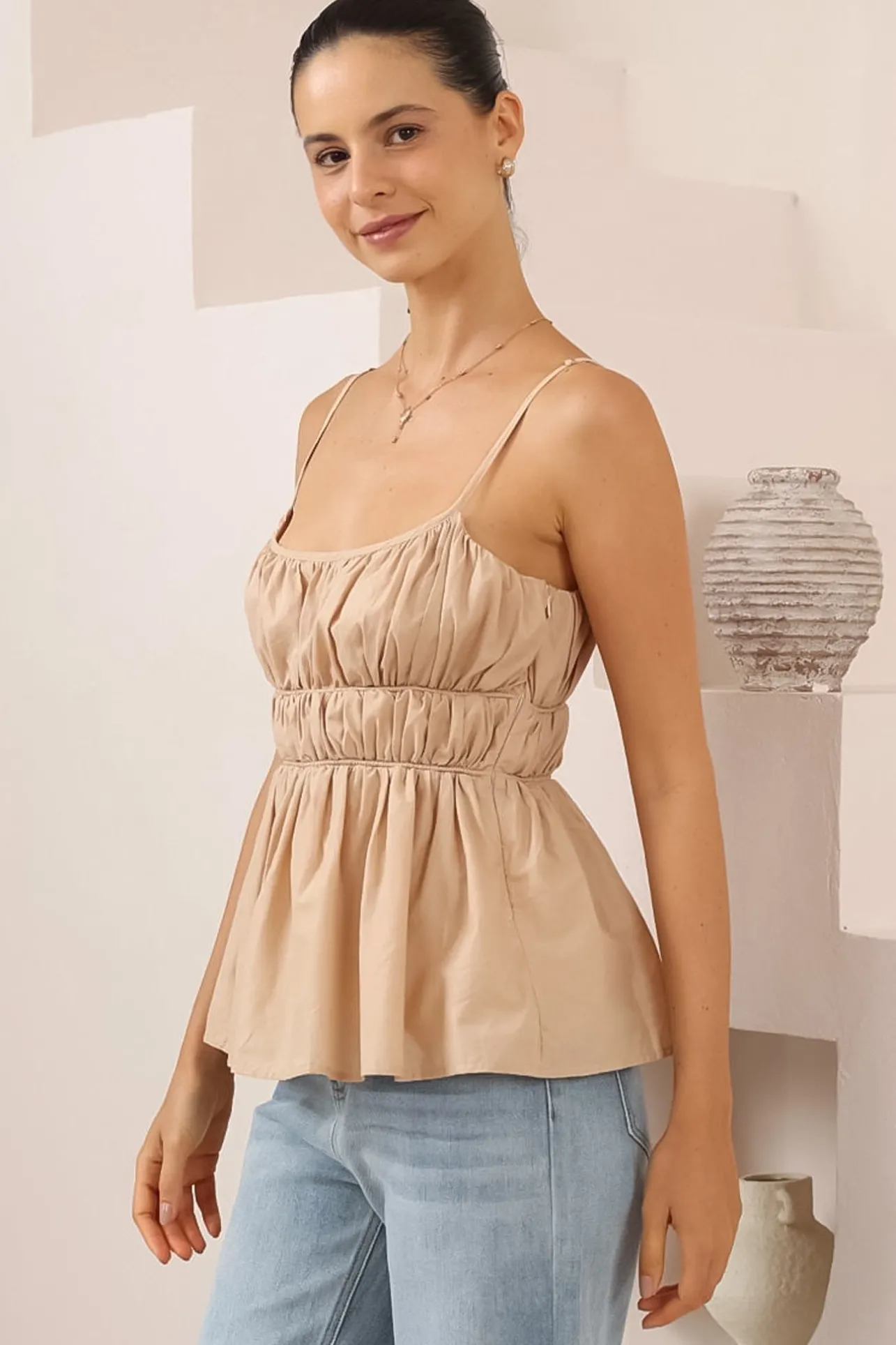 Clarke Top - Rouched Bodice Spaghetti Strap Tiered Top in Beige>Salty Crush Sale