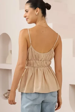 Clarke Top - Rouched Bodice Spaghetti Strap Tiered Top in Beige><noscript><img width=