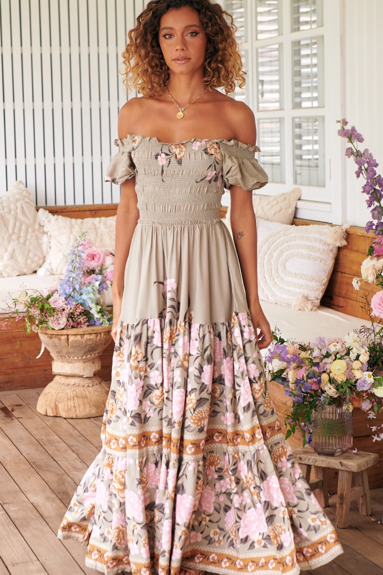 Claudette Maxi Dress - On or Off Shoulder Elasticated Bodice Short Balloon Sleeve Dress in Adore You Print>Jaase New