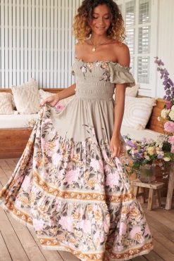 Claudette Maxi Dress - On or Off Shoulder Elasticated Bodice Short Balloon Sleeve Dress in Adore You Print>Jaase New