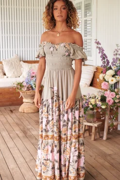 Claudette Maxi Dress - On or Off Shoulder Elasticated Bodice Short Balloon Sleeve Dress in Adore You Print><noscript><img width=