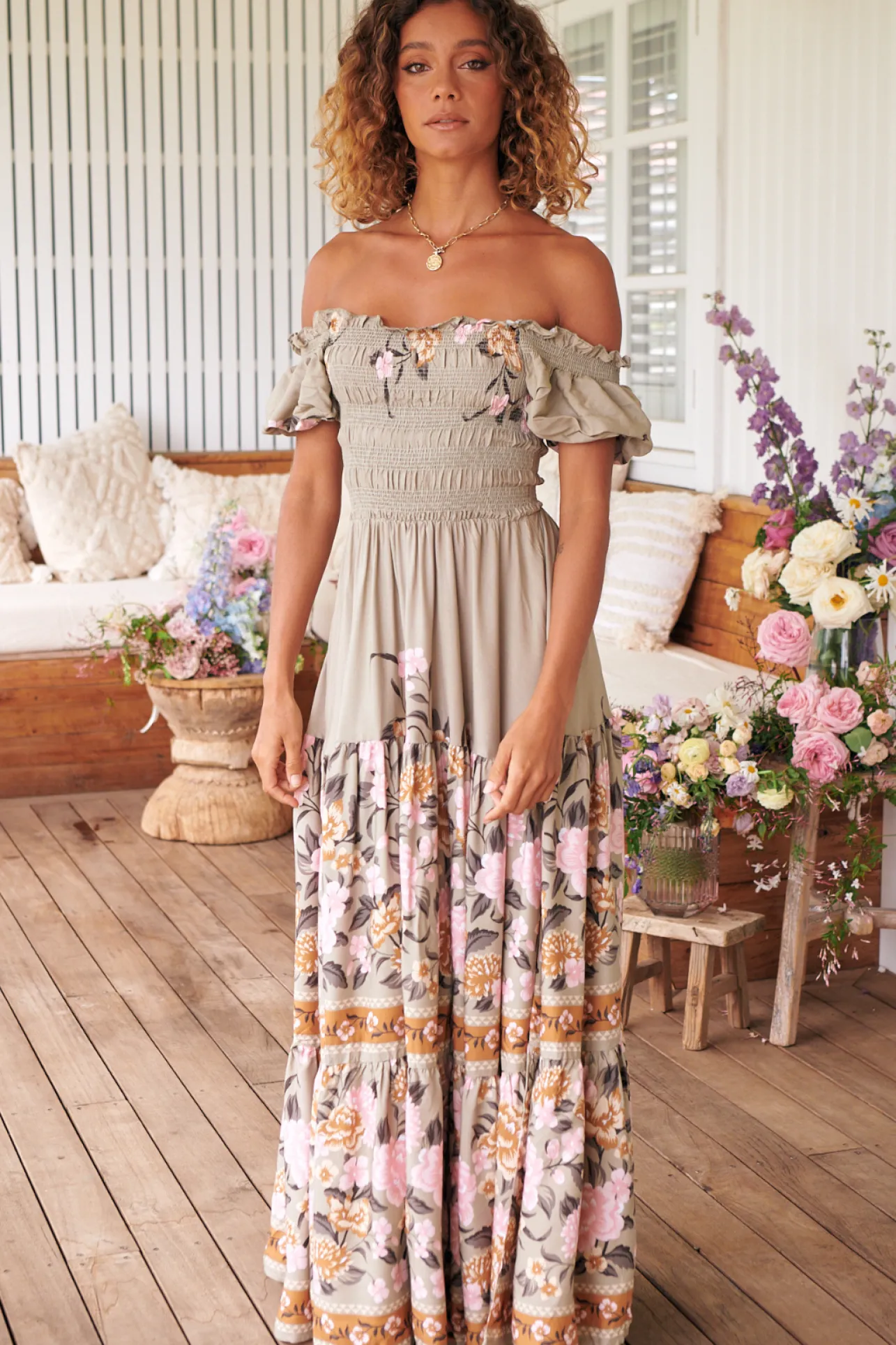 Claudette Maxi Dress - On or Off Shoulder Elasticated Bodice Short Balloon Sleeve Dress in Adore You Print>Jaase New