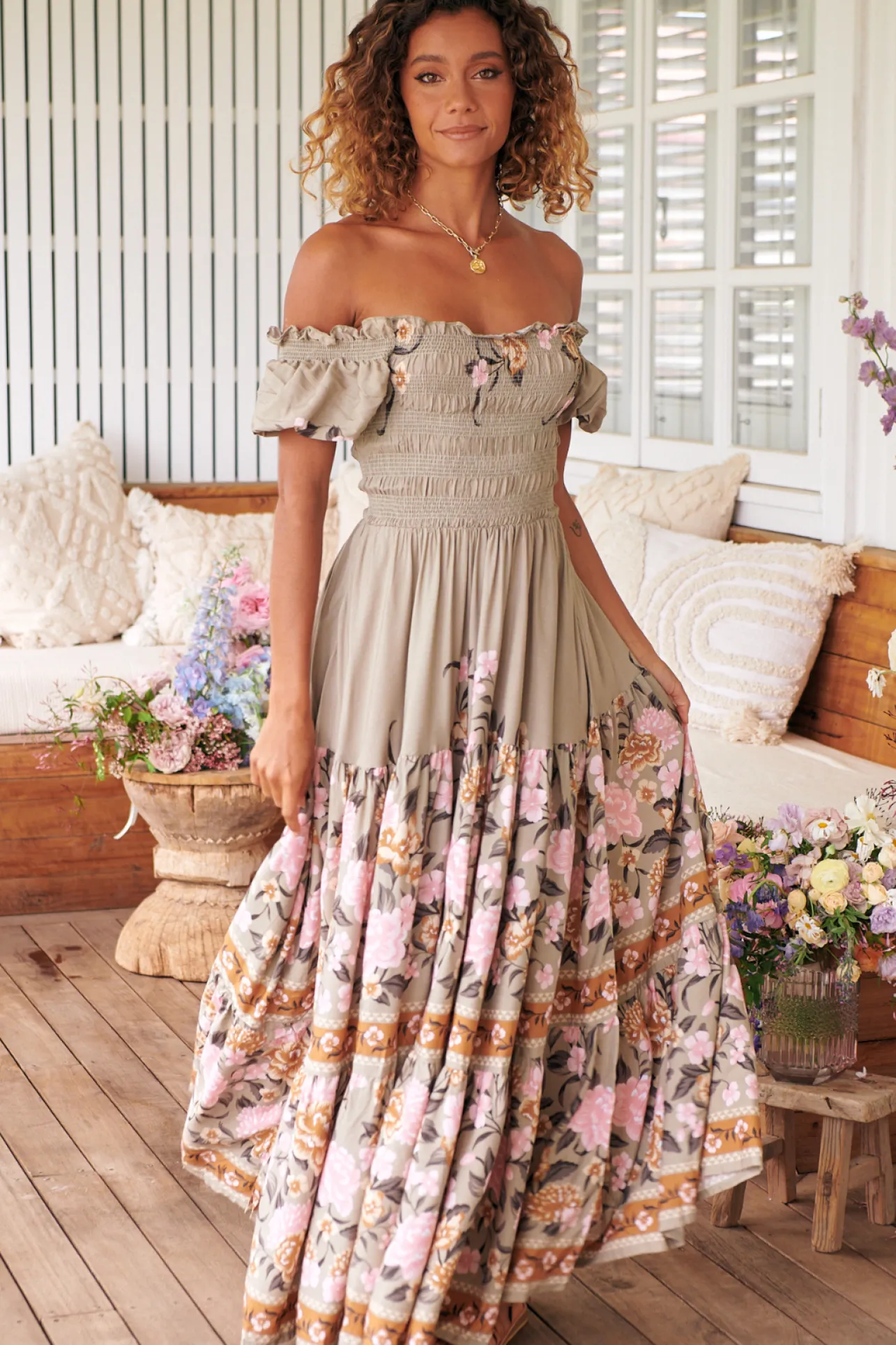 Claudette Maxi Dress - On or Off Shoulder Elasticated Bodice Short Balloon Sleeve Dress in Adore You Print>Jaase New