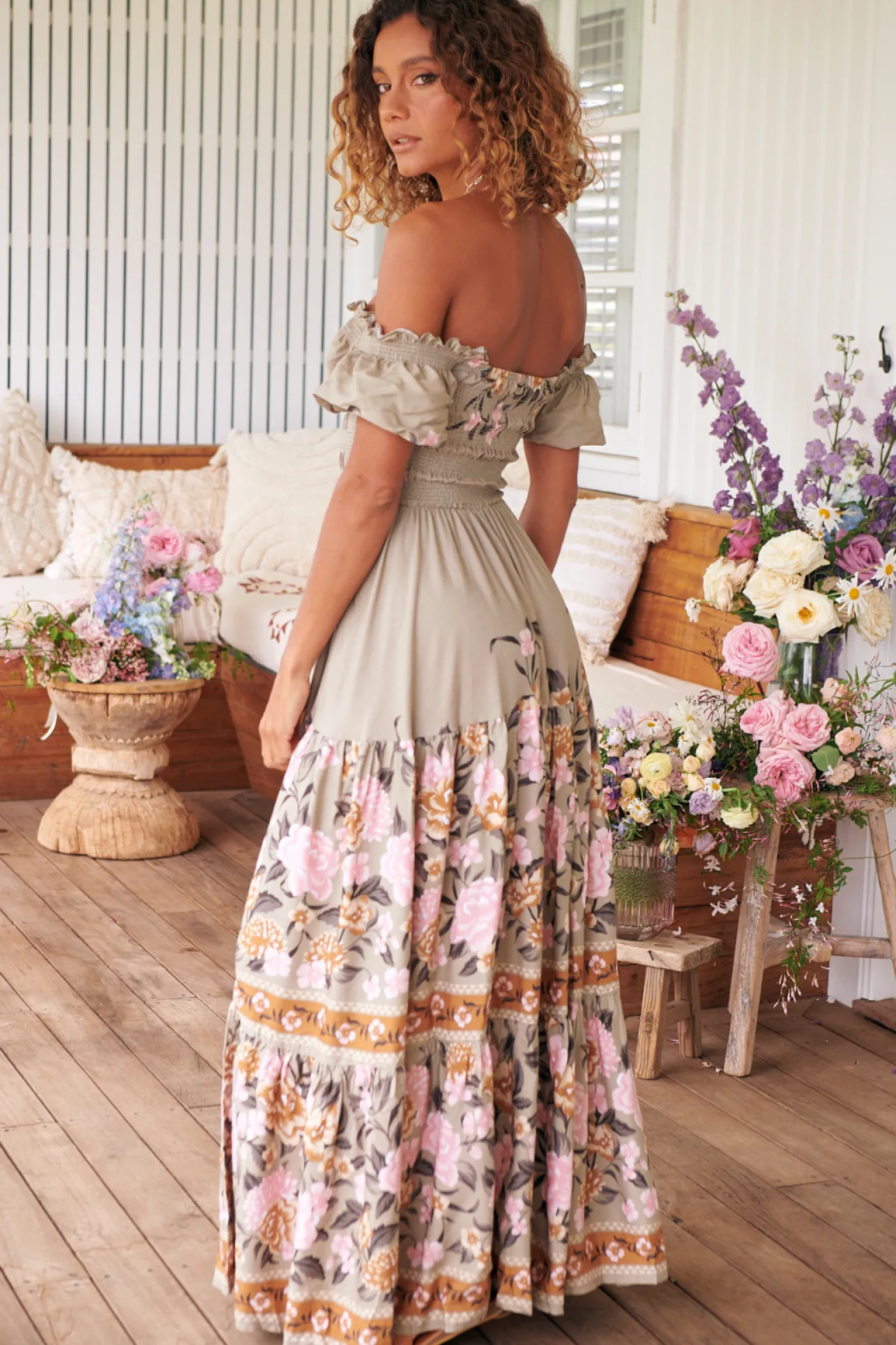 Claudette Maxi Dress - On or Off Shoulder Elasticated Bodice Short Balloon Sleeve Dress in Adore You Print>Jaase New