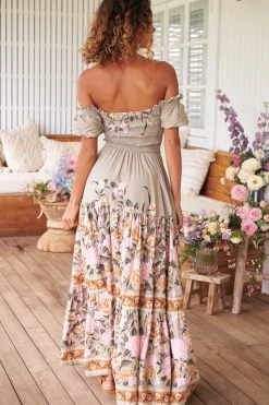 Claudette Maxi Dress - On or Off Shoulder Elasticated Bodice Short Balloon Sleeve Dress in Adore You Print><noscript><img width=