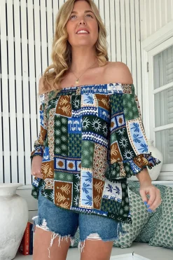 Clover Top - Elasticated Off the Shoulder Crochet Trim Sleeves Top in Emerald Cove Print><noscript><img width=