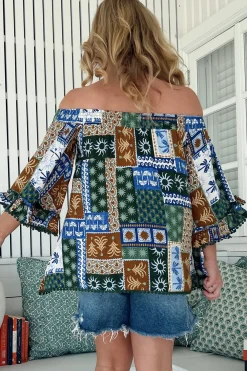 Clover Top - Elasticated Off the Shoulder Crochet Trim Sleeves Top in Emerald Cove Print><noscript><img width=