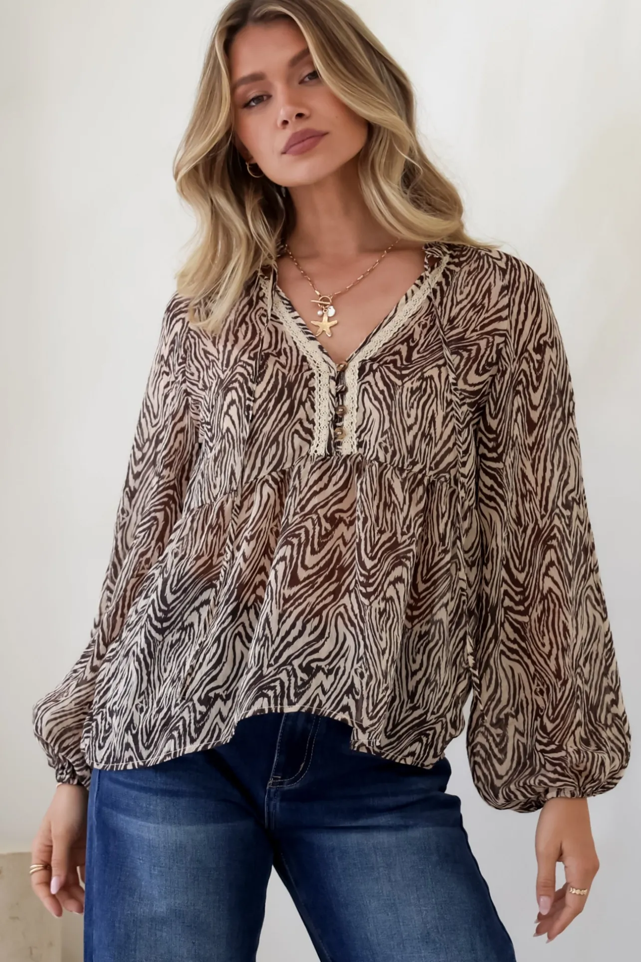 Collins Blouse - Frill Mandarin Collar Pull Over Blouse in Zebra Print>Salty Crush Outlet