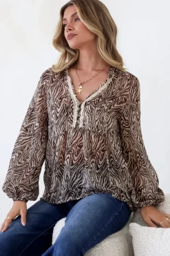 Collins Blouse - Frill Mandarin Collar Pull Over Blouse in Zebra Print>Salty Crush Outlet