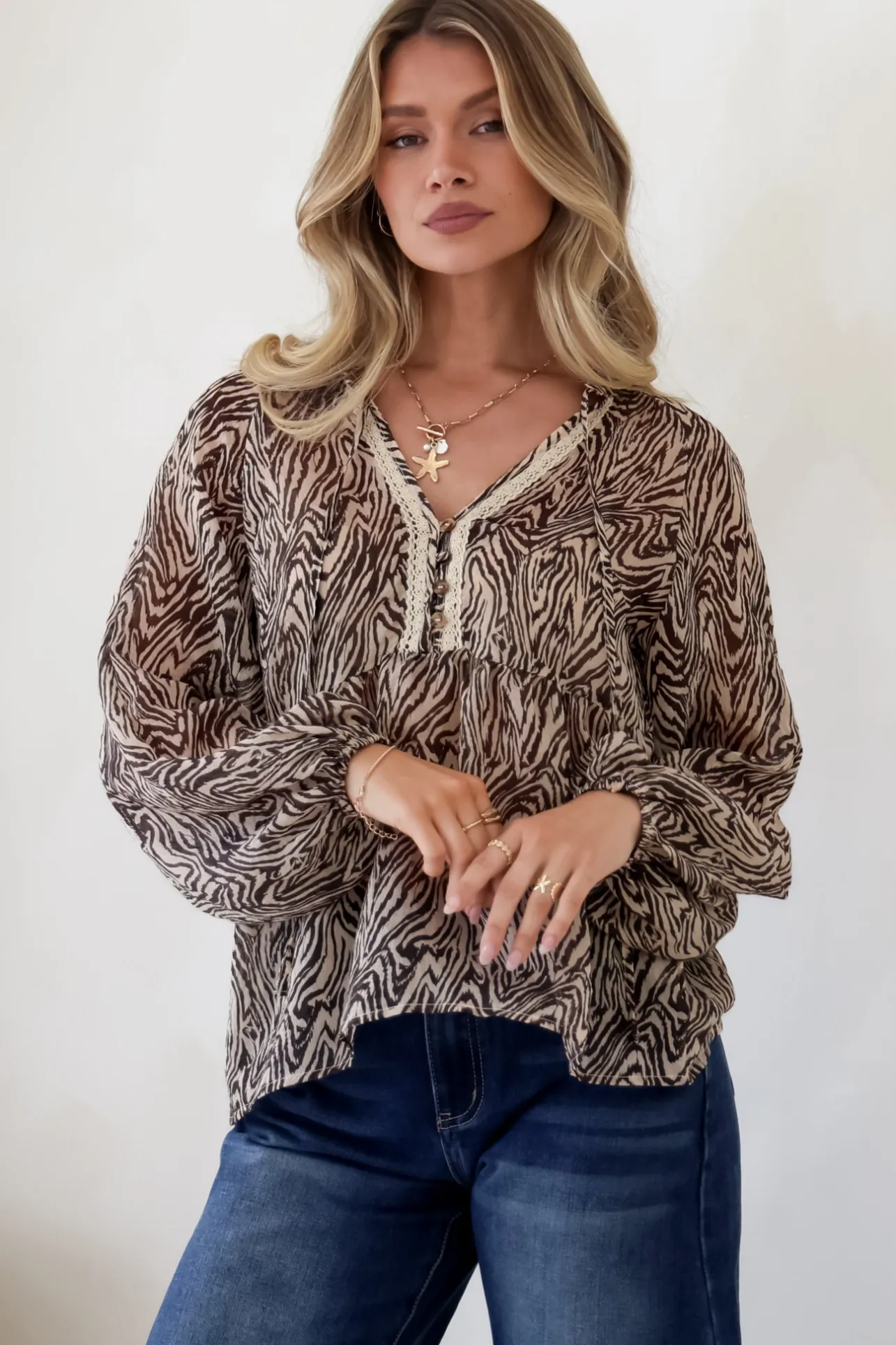 Collins Blouse - Frill Mandarin Collar Pull Over Blouse in Zebra Print>Salty Crush Outlet
