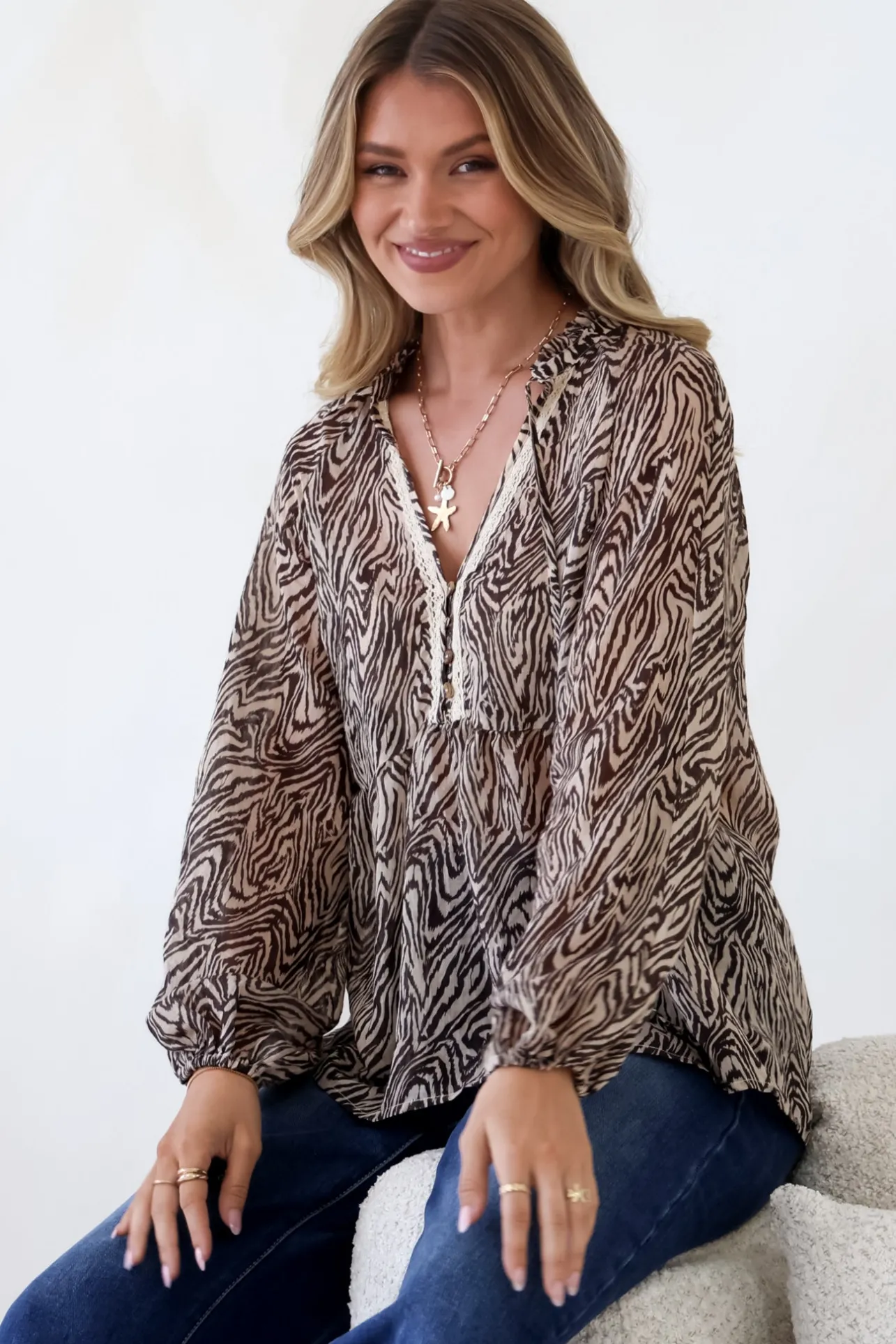 Collins Blouse - Frill Mandarin Collar Pull Over Blouse in Zebra Print>Salty Crush Outlet